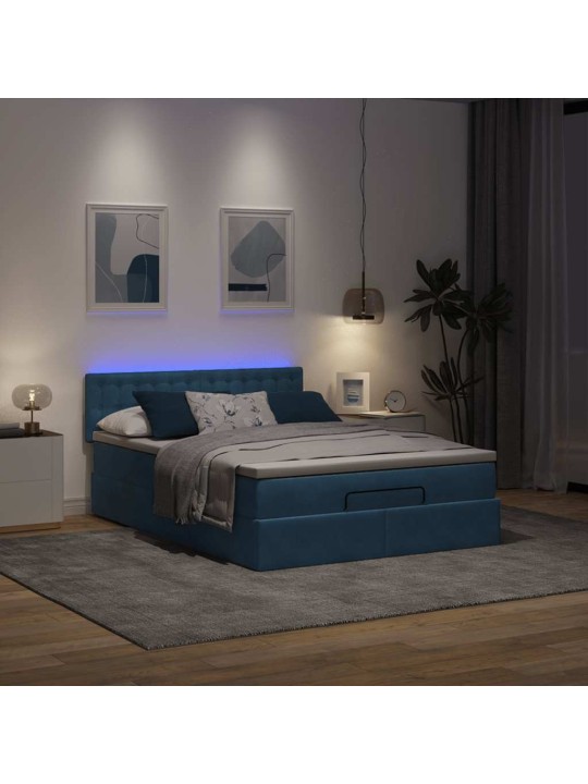 OTTOMANI VOODI MADRATSIGA JA LED, TUMESININE, 140X190CM, SAMET