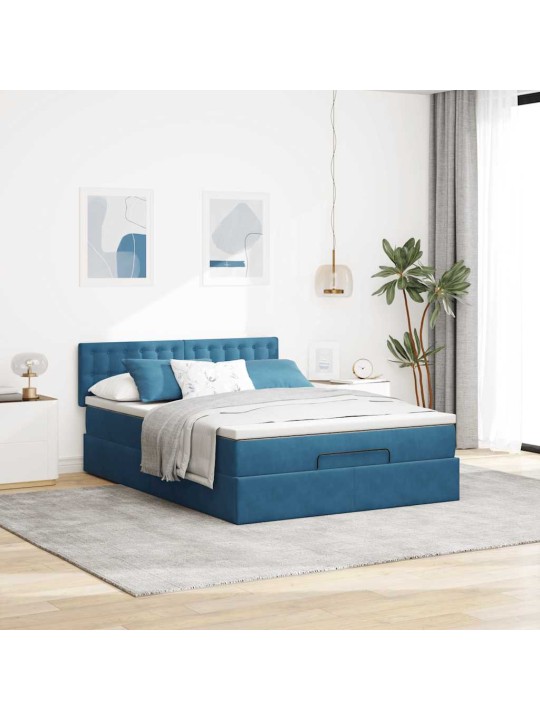 OTTOMANI VOODI MADRATSIGA JA LED, TUMESININE, 140X190CM, SAMET