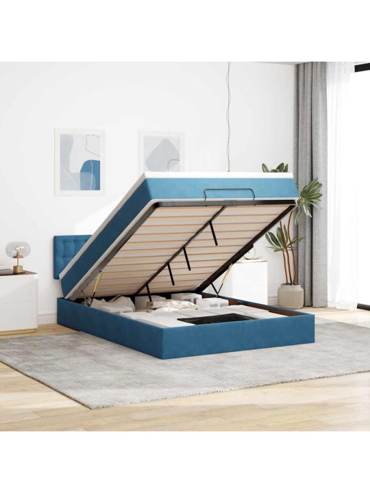 OTTOMANI VOODI MADRATSIGA JA LED, TUMESININE, 140X190CM, SAMET