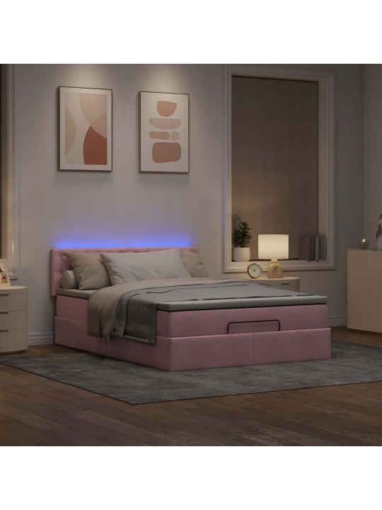 OTTOMANI VOODI MADRATSIGA JA LED, ROOSA, 140X190CM, SAMET
