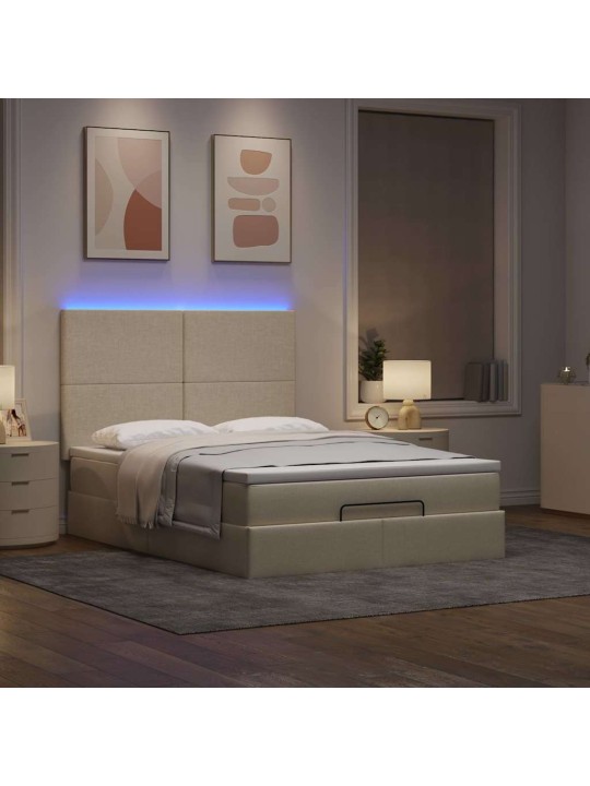 OTTOMANI VOODI MADRATSITA JA LED, KREEMJAS, 140X200 CM, KANGAS
