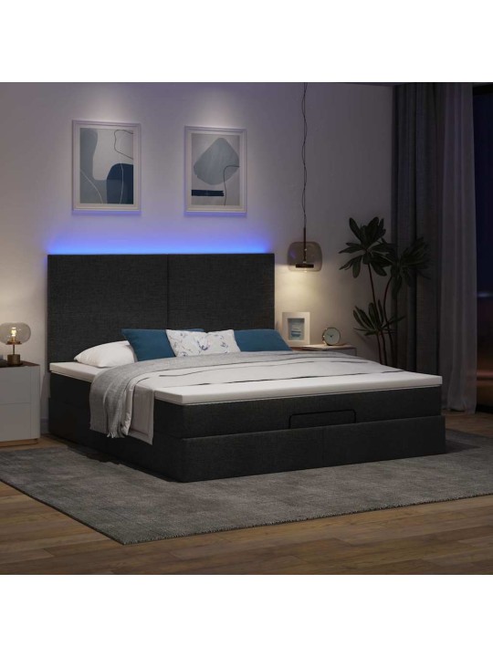 OTTOMANI VOODI MADRATSI JA LED, MUST, 180X200CM, KANGAS