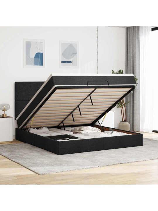 OTTOMANI VOODI MADRATSI JA LED, MUST, 180X200CM, KANGAS