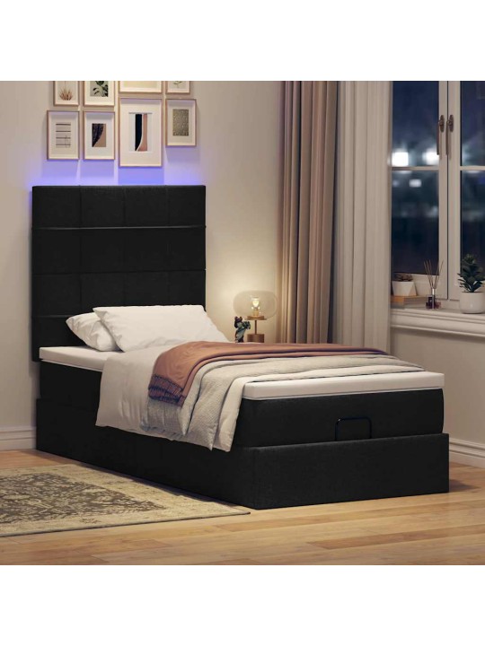 OTTOMANI VOODI MADRATSI JA LED, MUST, 80X200CM, KANGAS
