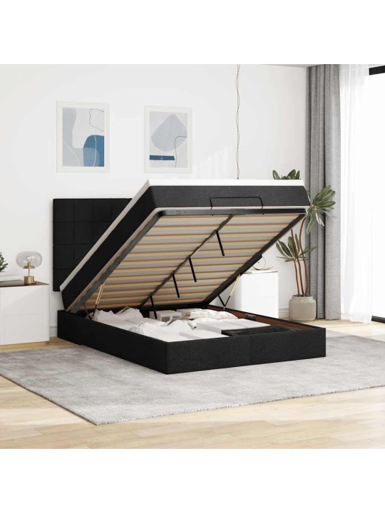 OTTOMANI VOODI MADRATSITA JA LED, MUST, 140X190 CM, KANGAS