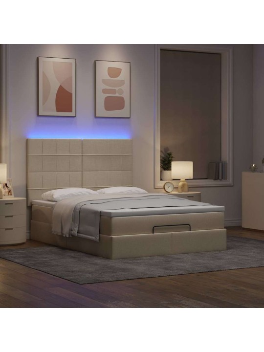 OTTOMANI VOODI MADRATSITA JA LED, KREEMJAS, 140X200 CM, KANGAS