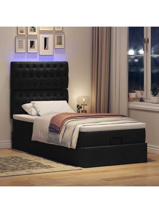 OTTOMANI VOODI MADRATSI JA LED, MUST, 80X200CM, KANGAS