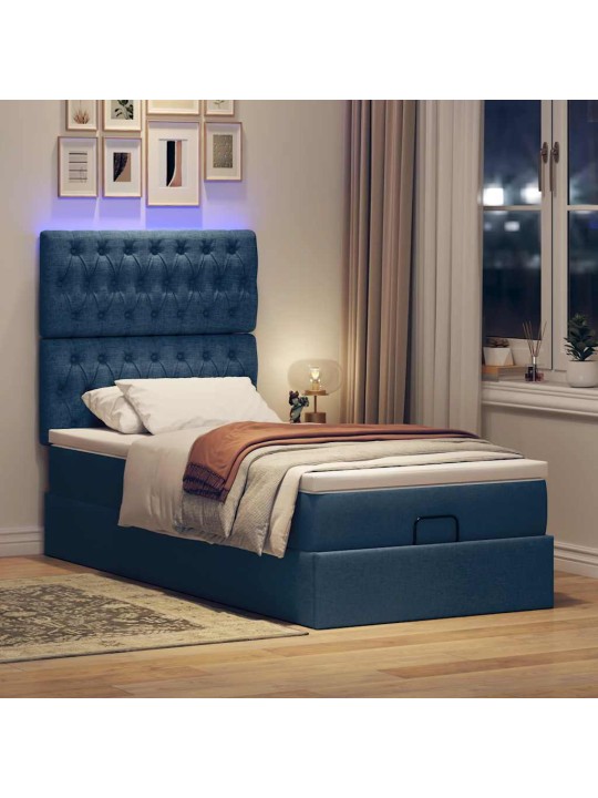 OTTOMANI VOODI MADRATSITA JA LED, SININE, 90X200 CM, KANGAS