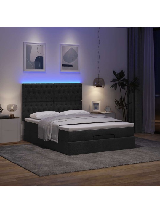 OTTOMANI VOODI MADRATSITA JA LED, MUST, 140X190 CM, KANGAS