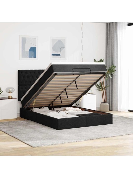 OTTOMANI VOODI MADRATSITA JA LED, MUST, 140X190 CM, KANGAS