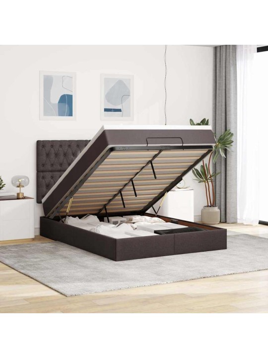 OTTOMANI VOODI MADRATSITA JA LED, TUMEPRUUN, 140X190CM, KANGAS