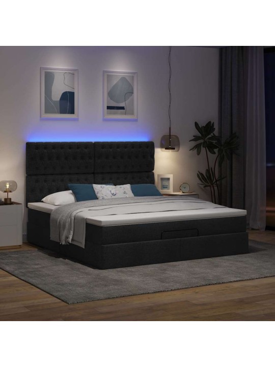 OTTOMANI VOODI MADRATSI JA LED, MUST, 180X200CM, KANGAS