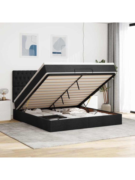 OTTOMANI VOODI MADRATSI JA LED, MUST, 180X200CM, KANGAS