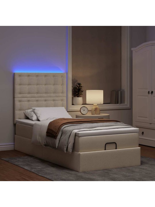 OTTOMANI VOODI MADRATSITA JA LED, KREEMJAS, 90X200 CM, KANGAS