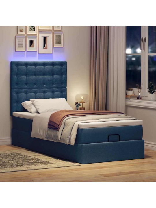 OTTOMANI VOODI MADRATSITA JA LED, SININE, 90X200 CM, KANGAS