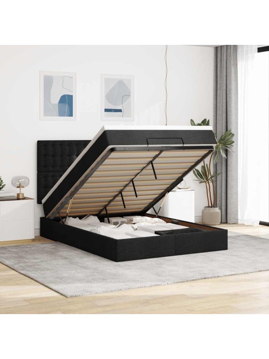 OTTOMANI VOODI MADRATSITA JA LED, MUST, 140X190 CM, KANGAS