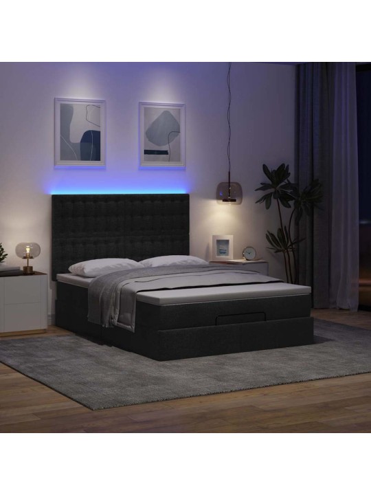 OTTOMANI VOODI MADRATSITA JA LED, MUST, 140X200 CM, KANGAS