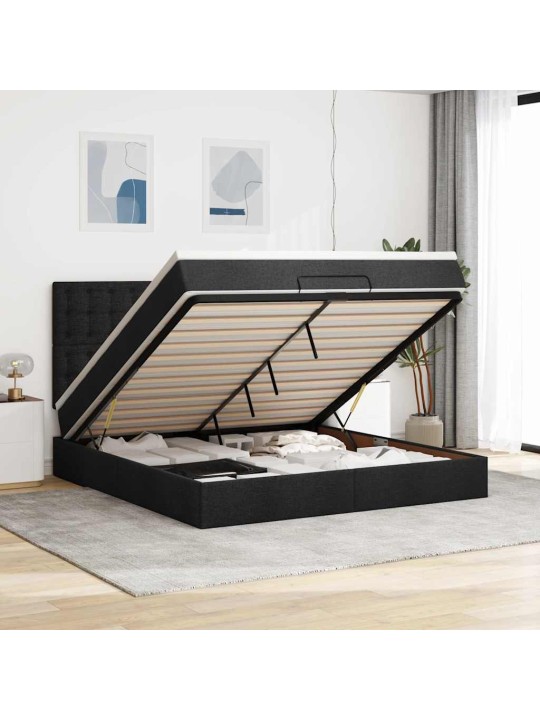 OTTOMANI VOODI MADRATSI JA LED, MUST, 180X200CM, KANGAS