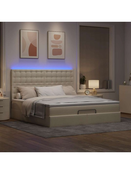 OTTOMANI VOODI MADRATSI JA LED, KREEMJAS, 180X200 CM, KANGAS