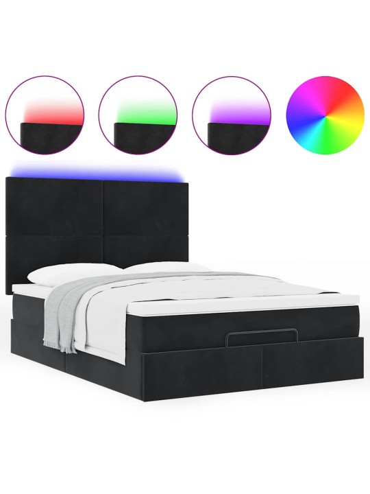 Ottomani voodi madratsitega ja led, must, 140x190cm, samet