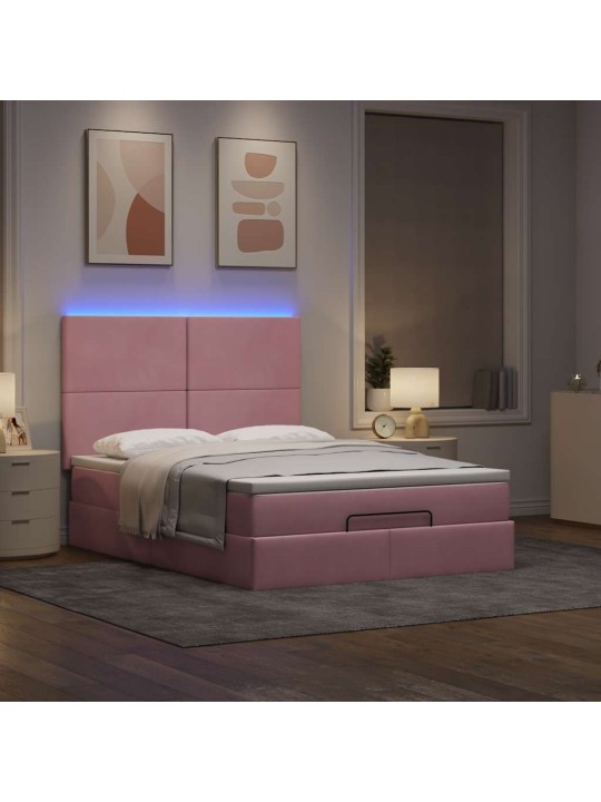 OTTOMANI VOODI MADRATSITEGA JA LED, ROOSA, 140X190CM, SAMET