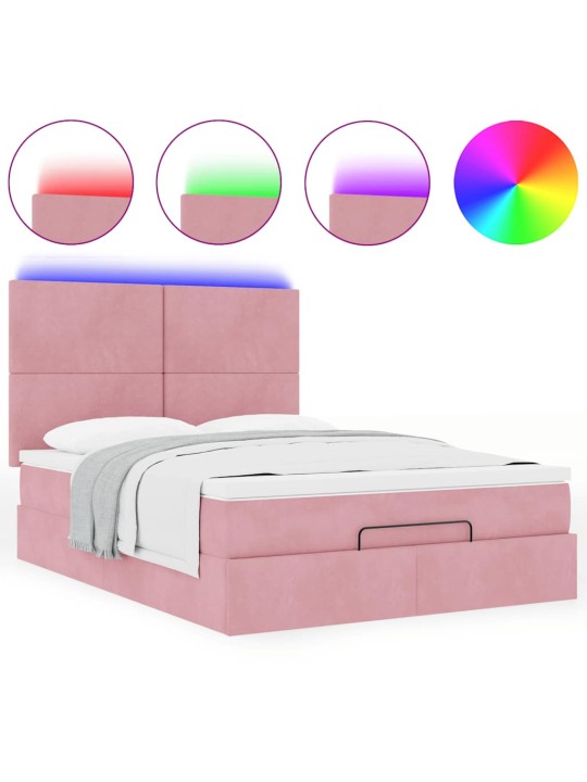 OTTOMANI VOODI MADRATSITEGA JA LED, ROOSA, 140X190CM, SAMET