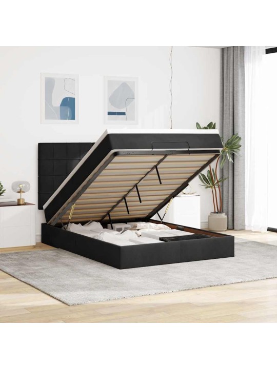 Ottomani voodi madratsitega ja led, must, 140x190cm, samet