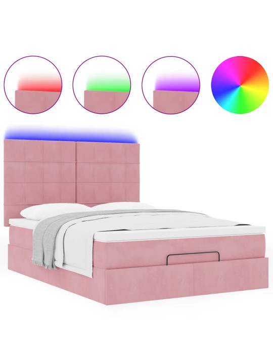 OTTOMANI VOODI MADRATSITEGA JA LED, ROOSA, 140X190CM, SAMET