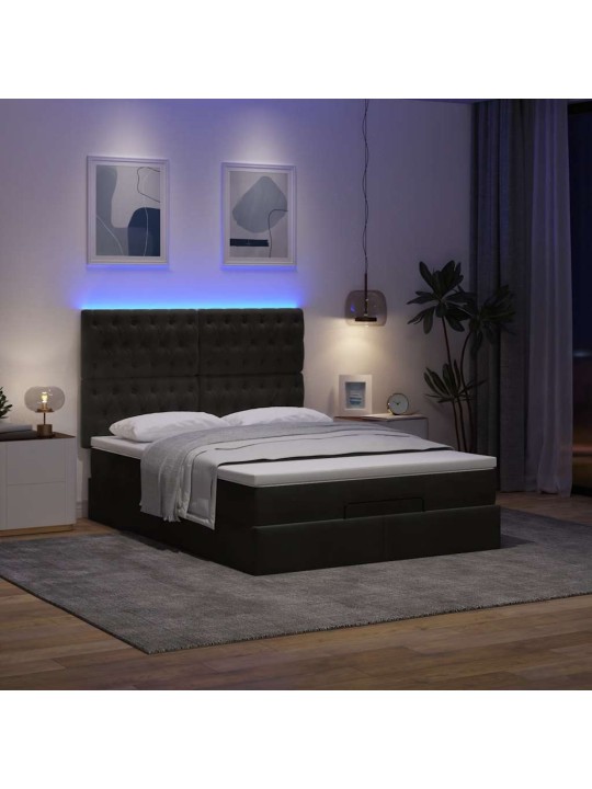 Ottomani voodi madratsitega ja led, must, 140x190cm, samet