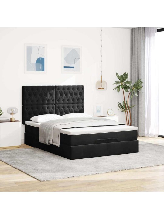 Ottomani voodi madratsitega ja led, must, 140x190cm, samet