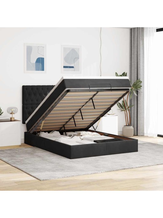 Ottomani voodi madratsitega ja led, must, 140x190cm, samet