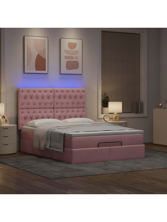 Ottomani voodi madratsitega ja led, roosa, 140x190cm, samet