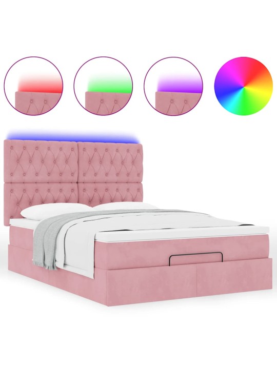 Ottomani voodi madratsitega ja led, roosa, 140x190cm, samet