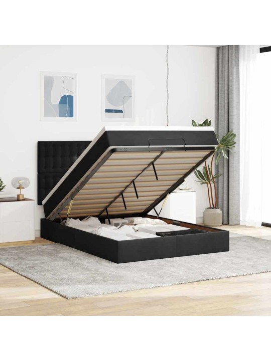 Ottomani voodi madratsitega ja led, must, 140x190cm, samet