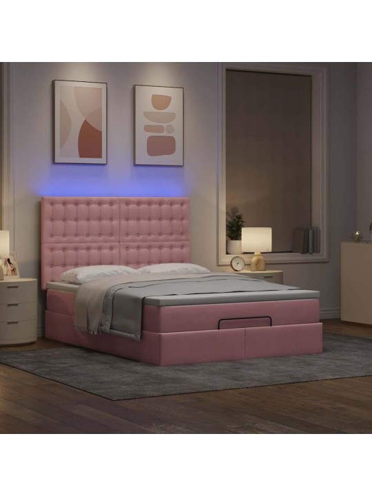 OTTOMANI VOODI MADRATSITEGA JA LED, ROOSA, 140X190CM, SAMET