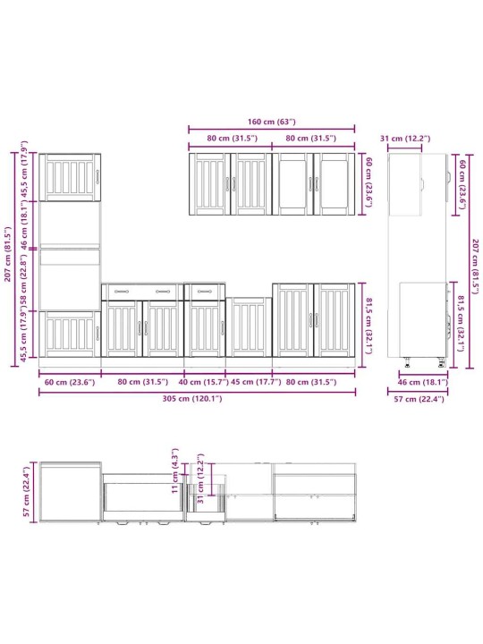 7-osaline köögikappide komplekt "lucca", betoonhall, töödeldud puit