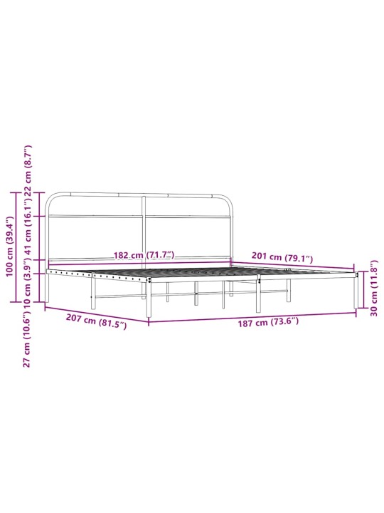 Metallist voodiraam ilma madratsita suitsutatud tamm 180x200 cm