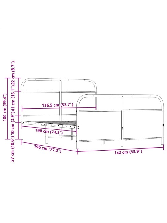 Metallist voodiraam ilma madratsita suitsutatud tamm 137x190 cm