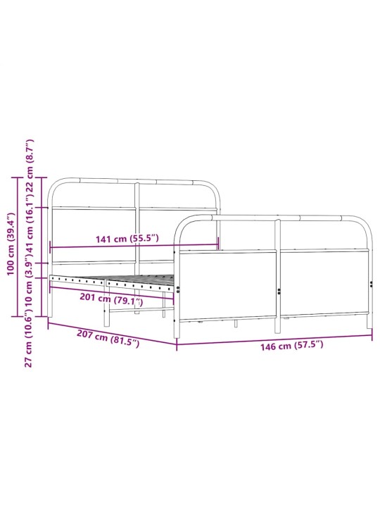 Metallist voodiraam ilma madratsita suitsutatud tamm 140x200 cm