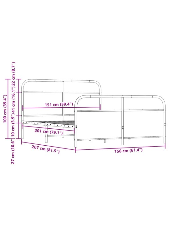 Metallist voodiraam ilma madratsita suitsutatud tamm 150x200 cm