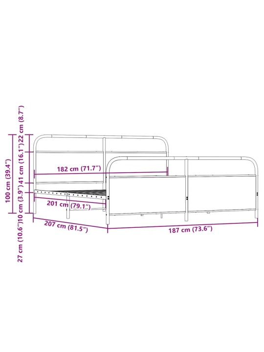 Metallist voodiraam ilma madratsita suitsutatud tamm 180x200 cm