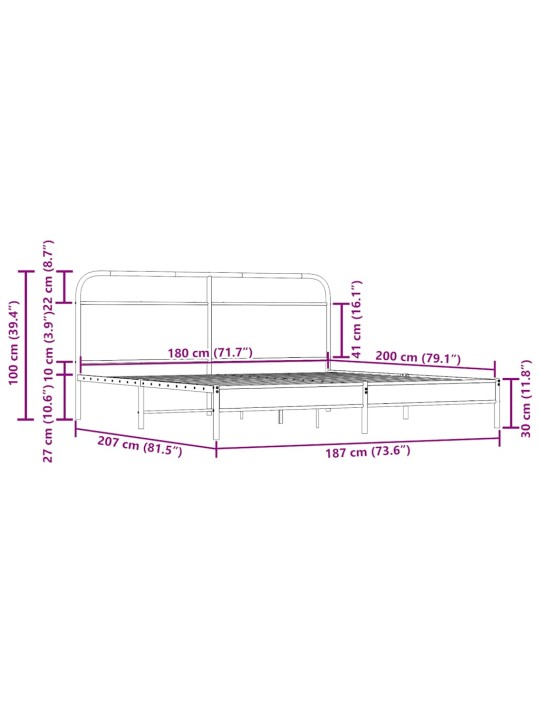 Metallist voodiraam ilma madratsita suitsutatud tamm 180x200 cm