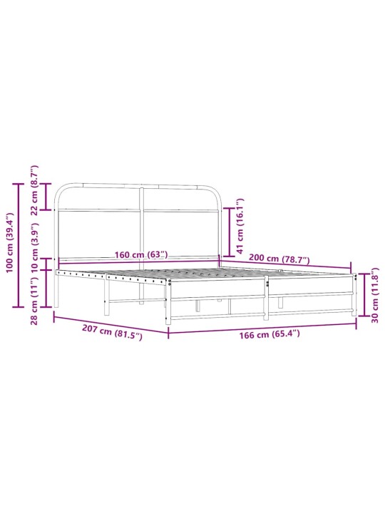 Metallist voodiraam ilma madratsita suitsutatud tamm 160x200 cm