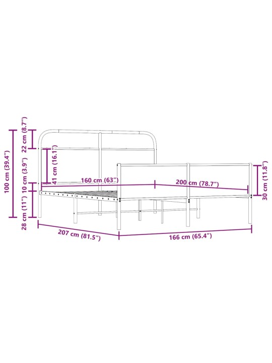 Metallist voodiraam ilma madratsita suitsutatud tamm 160x200 cm