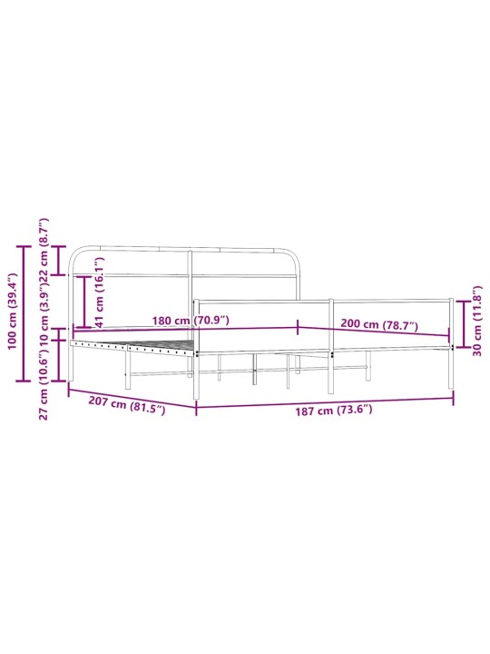 Metallist voodiraam ilma madratsita suitsutatud tamm 180x200 cm