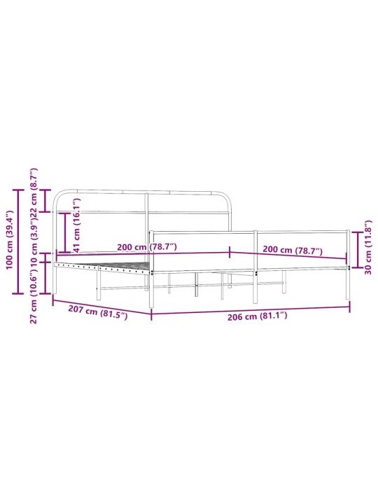 Metallist voodiraam ilma madratsita suitsutatud tamm 200x200 cm