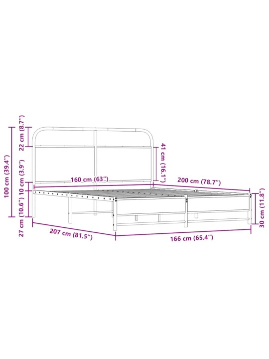 Metallist voodiraam ilma madratsita sonoma tamm 160x200 cm