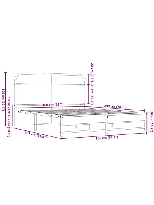 Metallist voodiraam ilma madratsita pruun tamm 160x200 cm