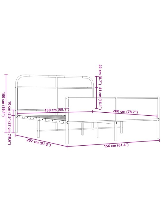 Metallist voodiraam ilma madratsita pruun tamm 150x200 cm