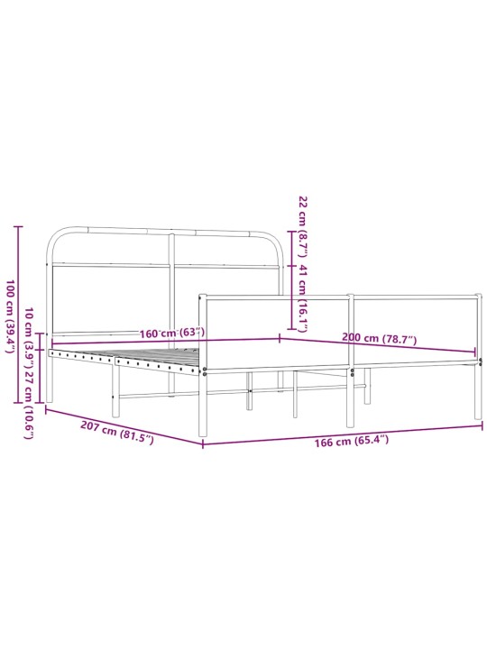 Metallist voodiraam ilma madratsita pruun tamm 160x200 cm